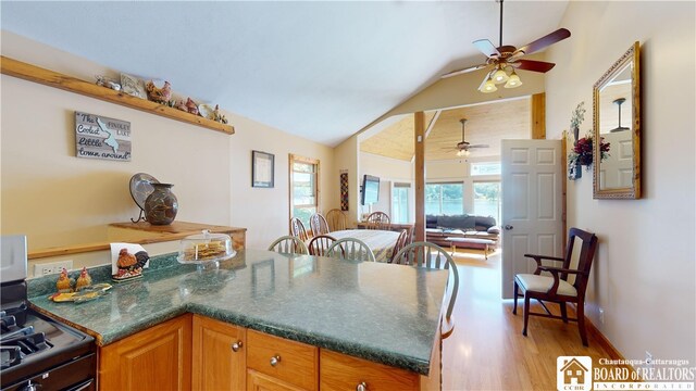 2638 Shadyside Rd, Mina, NY 14736 - kitchen with dark countertops, vaulted ceiling, wood finished floors, a ceiling fan, and gas stove