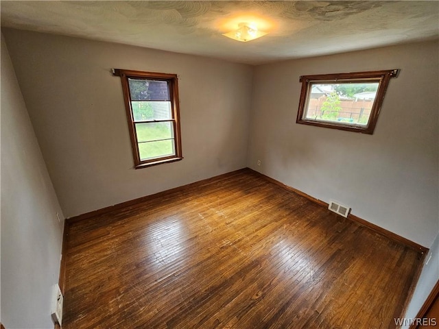 empty room featuring plenty of natural light, wood-type flooring, and a textured ceiling