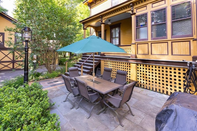 73 Elm St, Otsego, NY 13326 - view of patio / terrace featuring outdoor dining area and stairs