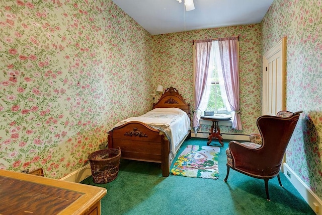 73 Elm St, Otsego, NY 13326 - bedroom with wallpapered walls, a ceiling fan, and carpet flooring