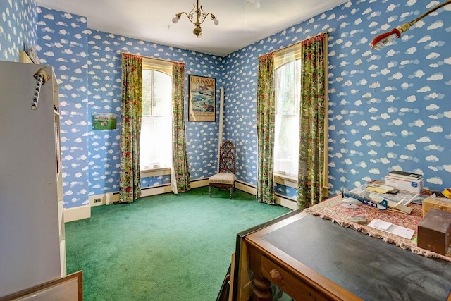 73 Elm St, Otsego, NY 13326 - interior space with baseboards, carpet flooring, multiple windows, and wallpapered walls