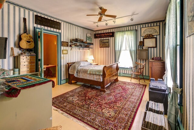 bedroom featuring ceiling fan and rail lighting