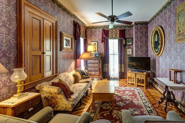 73 Elm St, Otsego, NY 13326 - living area with a ceiling fan and wallpapered walls