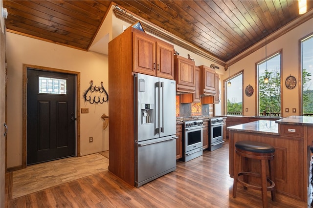 kitchen with dark hardwood / wood-style floors, high end appliances, and wooden ceiling