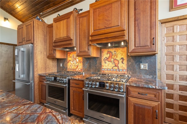 kitchen featuring appliances with stainless steel finishes, tasteful backsplash, dark stone counters, wood ceiling, and vaulted ceiling