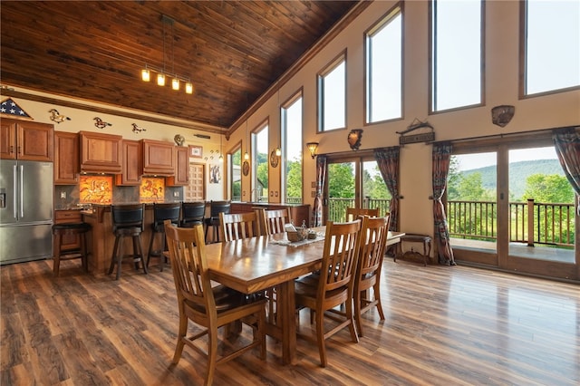 dining space with dark hardwood / wood-style flooring, high vaulted ceiling, wood ceiling, and ornamental molding