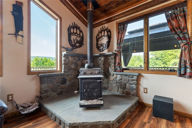 details with a wood stove, wooden ceiling, and wood-type flooring