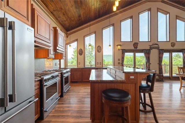 kitchen featuring a kitchen breakfast bar, decorative backsplash, premium appliances, a kitchen island, and wood ceiling