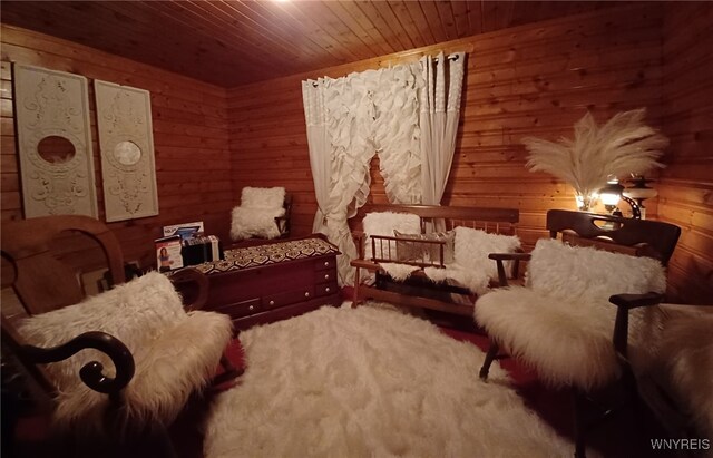 living area with wood walls and wooden ceiling