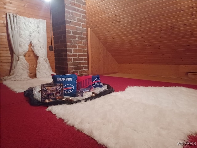 additional living space featuring lofted ceiling, carpet flooring, wooden walls, and wooden ceiling