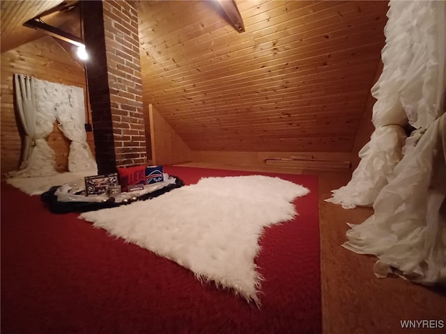 bedroom featuring wooden ceiling and lofted ceiling