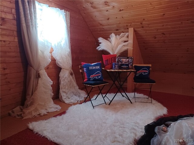 bonus room with vaulted ceiling, carpet floors, and wooden ceiling