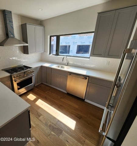 kitchen with dark hardwood / wood-style floors, sink, wall chimney range hood, and stainless steel appliances