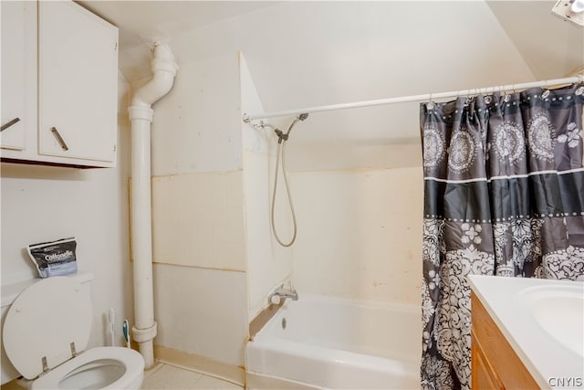 full bathroom with tile flooring, shower / bath combo, toilet, and vanity