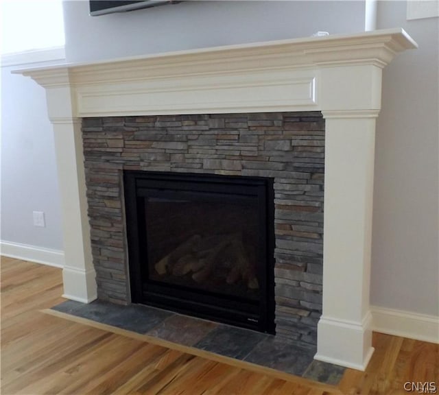 room details featuring a fireplace and hardwood / wood-style flooring