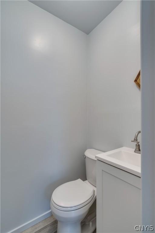 bathroom with wood-type flooring, vanity, and toilet