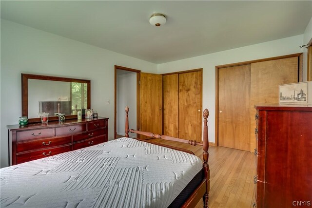 bedroom featuring light wood-type flooring and multiple closets