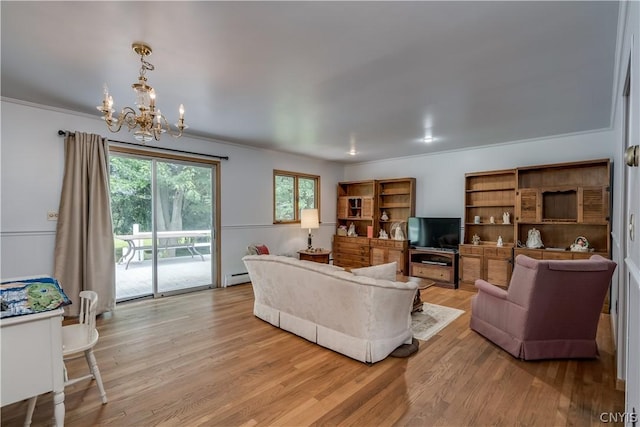 living room with baseboard heating, crown molding, light hardwood / wood-style floors, and an inviting chandelier