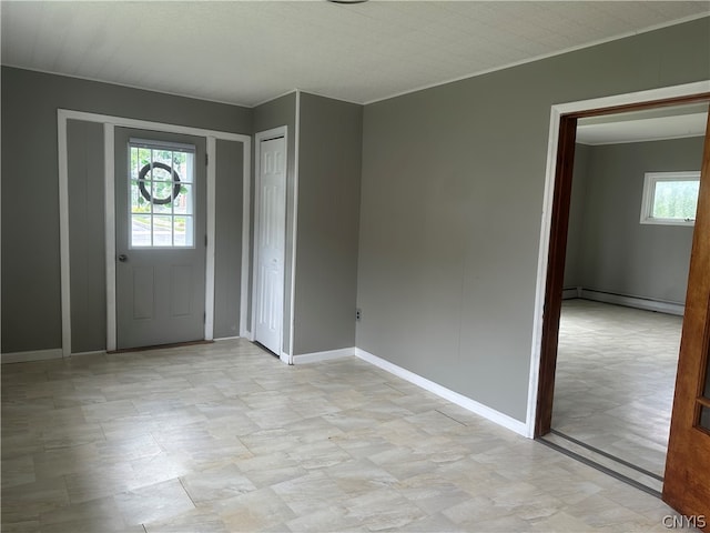 entryway with a baseboard radiator and light tile floors