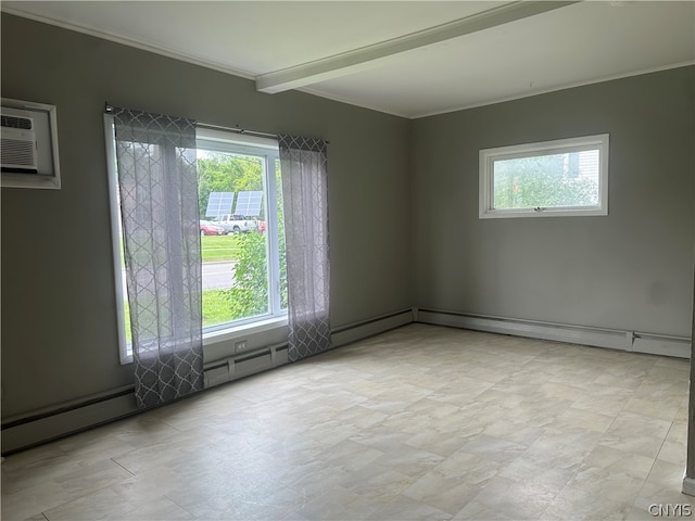 unfurnished room featuring a wall mounted AC, baseboard heating, and light tile floors