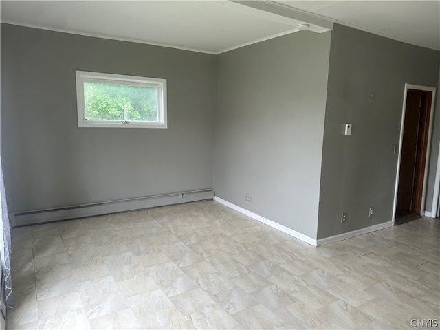 tiled spare room featuring crown molding and a baseboard radiator