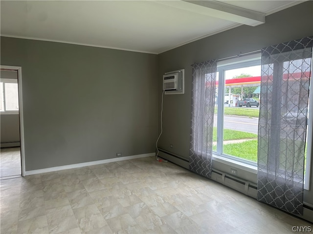 empty room with a wall mounted AC, a baseboard radiator, and light tile floors