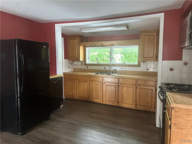 kitchen featuring sink, tasteful backsplash, black appliances, and dark wood-type flooring