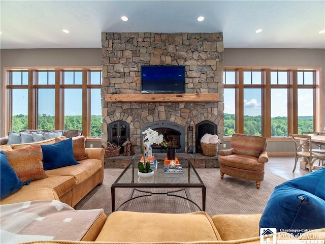 living room featuring a stone fireplace