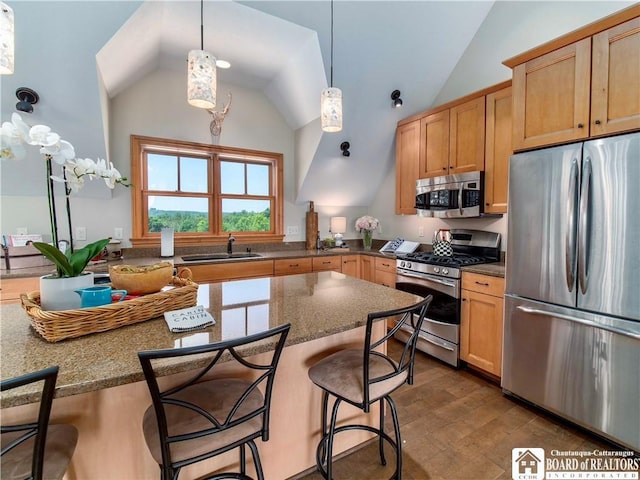 kitchen with a kitchen bar, appliances with stainless steel finishes, dark hardwood / wood-style flooring, sink, and decorative light fixtures