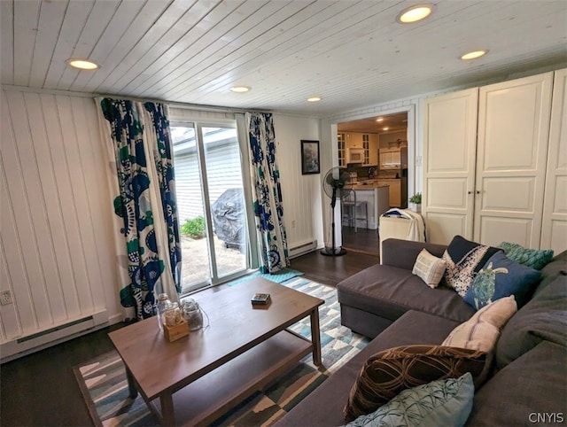 living room featuring dark hardwood / wood-style floors, wood ceiling, and a baseboard radiator