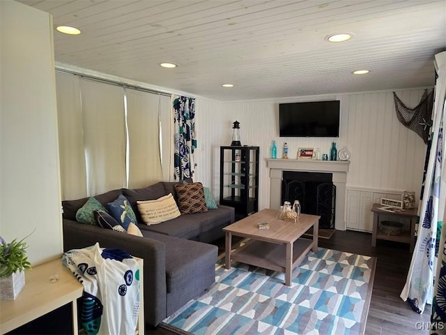 living room with dark hardwood / wood-style floors and wooden ceiling