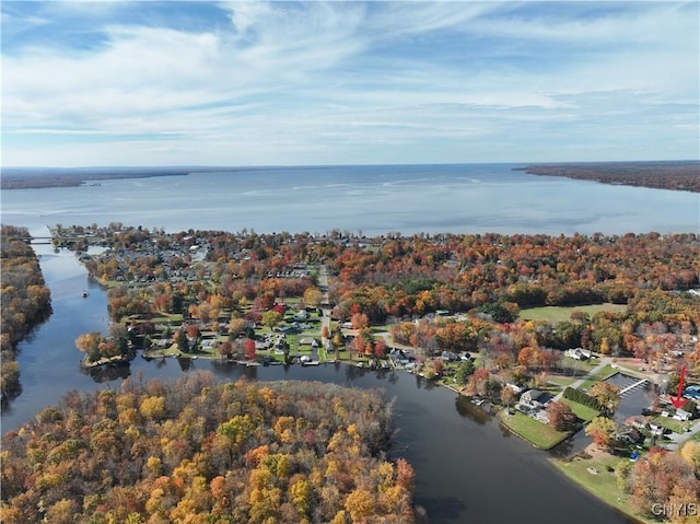 drone / aerial view with a water view