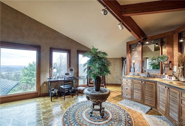 bathroom with a healthy amount of sunlight, high vaulted ceiling, vanity, and parquet floors