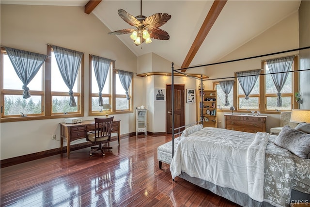 bedroom featuring beamed ceiling, ceiling fan, high vaulted ceiling, and wood-type flooring