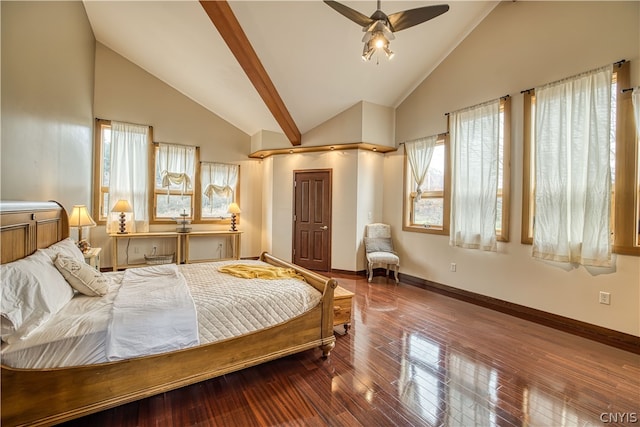 bedroom with dark hardwood / wood-style floors, high vaulted ceiling, ceiling fan, and beamed ceiling