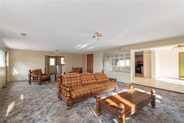 living room featuring a wealth of natural light and carpet flooring