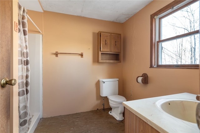 bathroom featuring vanity, curtained shower, and toilet