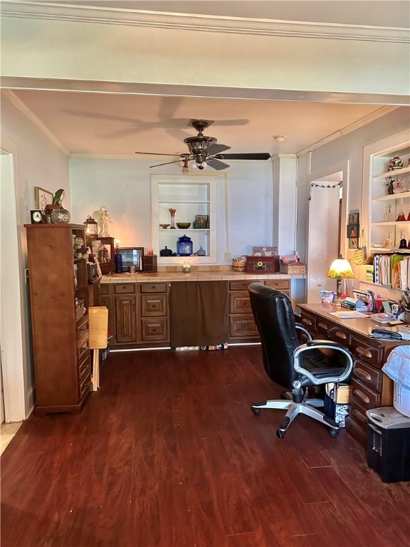 office area with ceiling fan, dark hardwood / wood-style floors, and ornamental molding