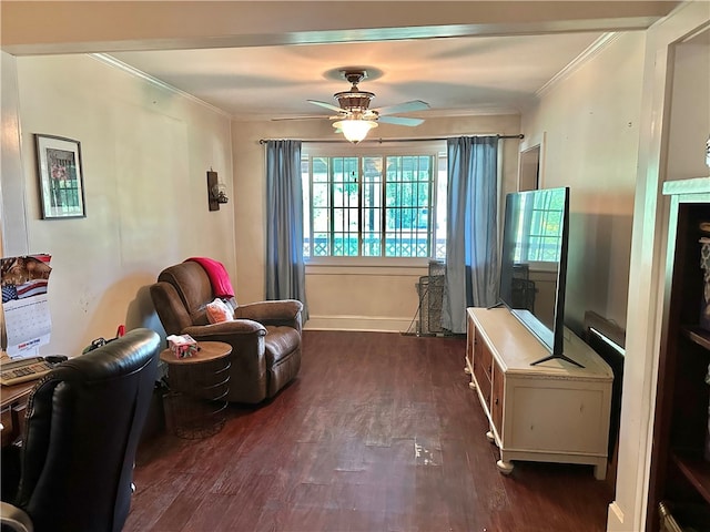 interior space featuring crown molding, dark hardwood / wood-style flooring, and ceiling fan