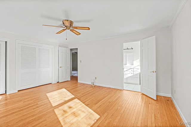 unfurnished bedroom with hardwood / wood-style floors, ceiling fan, and crown molding