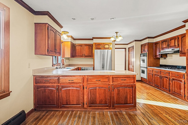 kitchen with sink, baseboard heating, dark hardwood / wood-style flooring, appliances with stainless steel finishes, and ornamental molding