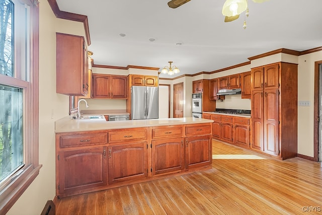 kitchen with light wood-type flooring, sink, appliances with stainless steel finishes, and ornamental molding