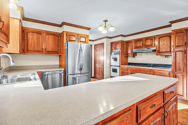 kitchen featuring stainless steel appliances, a notable chandelier, crown molding, and sink