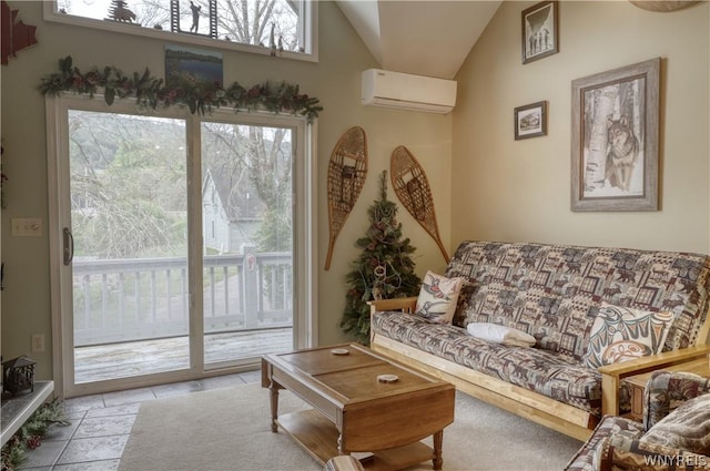 tiled living room featuring an AC wall unit and lofted ceiling