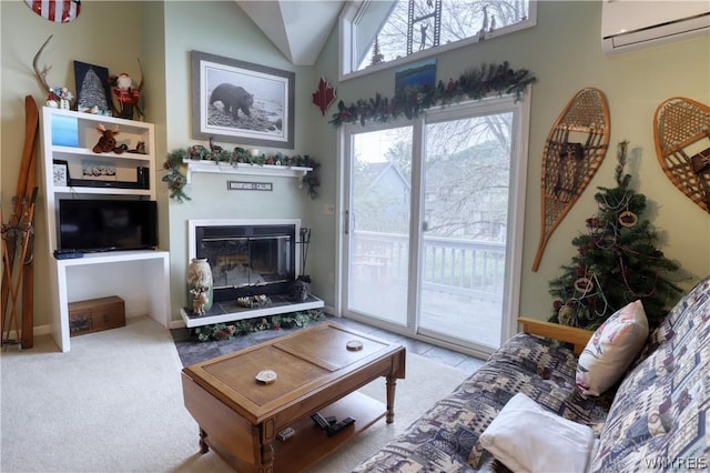 living room featuring a wall unit AC and lofted ceiling