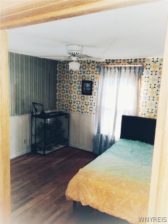 bedroom with dark hardwood / wood-style floors and ceiling fan