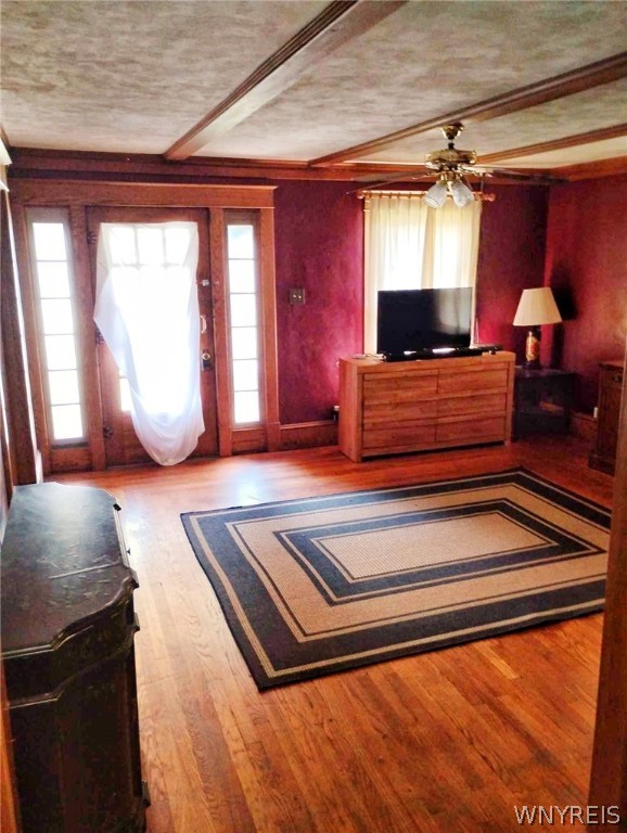 living room with a healthy amount of sunlight, hardwood / wood-style flooring, and ceiling fan