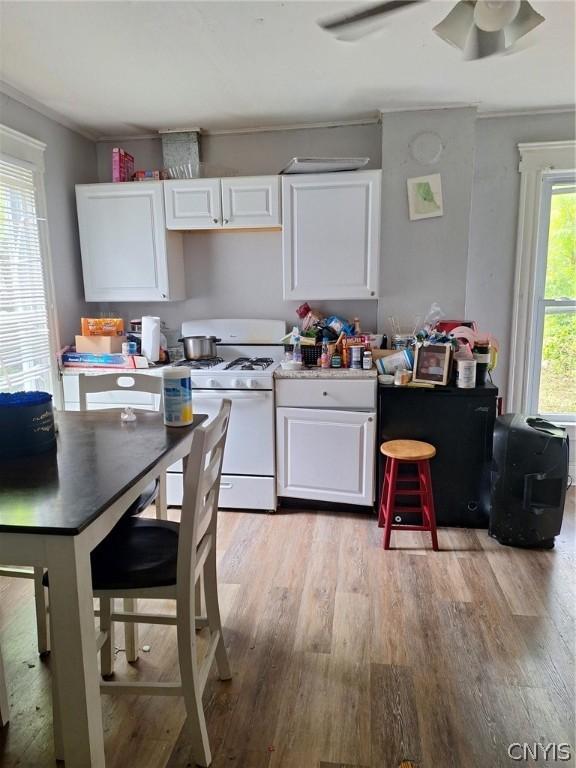 kitchen featuring gas range gas stove, plenty of natural light, and white cabinets