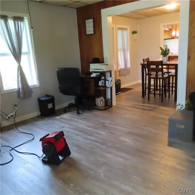 interior space featuring wood walls and hardwood / wood-style flooring