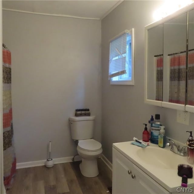 bathroom featuring hardwood / wood-style flooring, vanity, and toilet